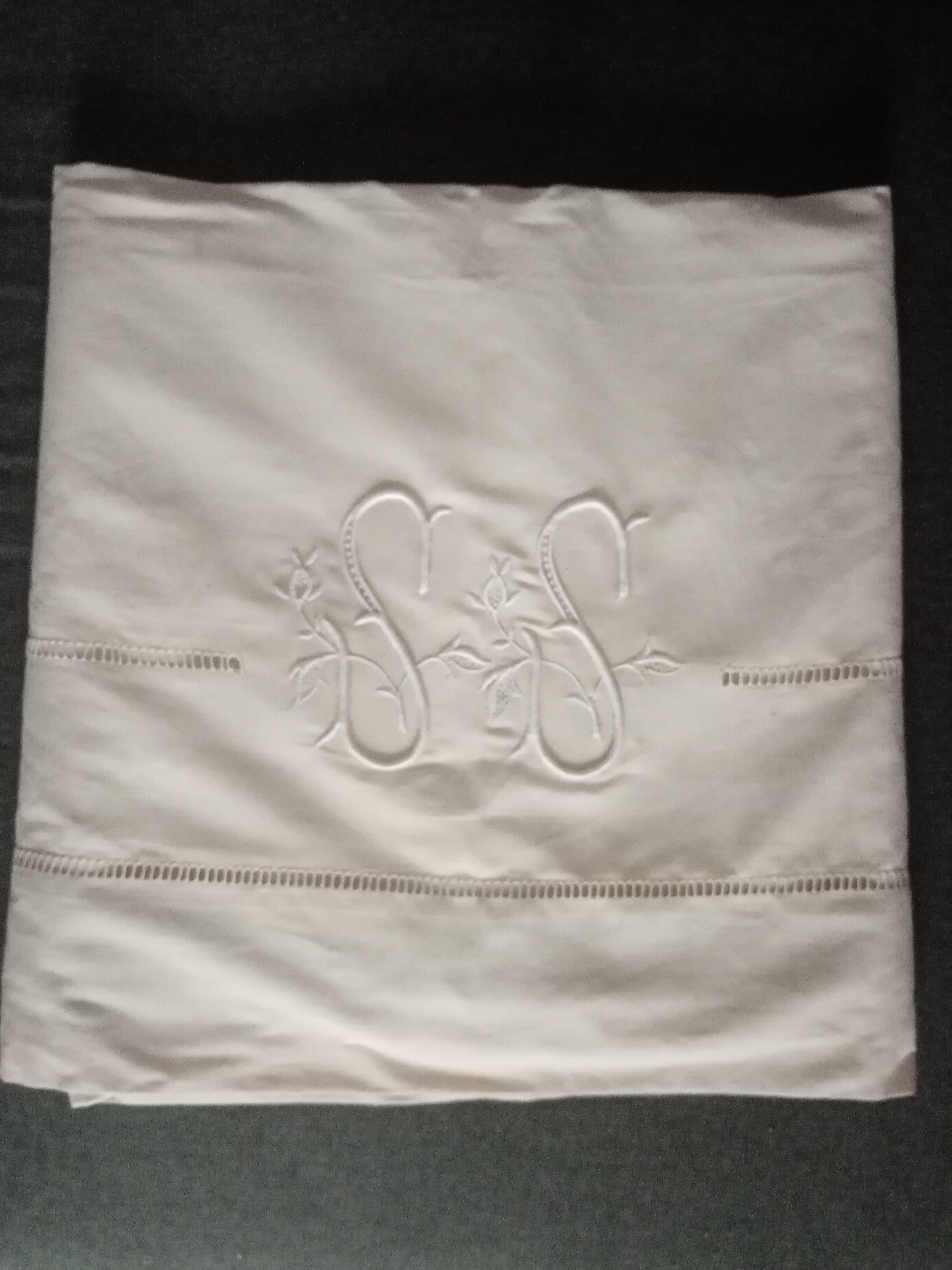 Old linen sheet embroidered monogram SS 320 X 230 cm