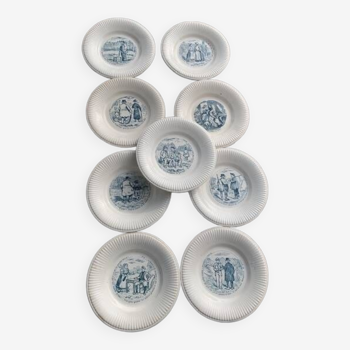 9 petites assiettes parlantes et humoristiques porcelaine opaque badonviller rare et collector