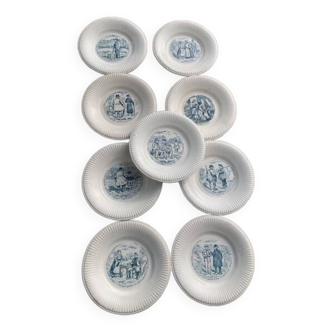 9 small talking and humorous plates in Badonviller opaque porcelain, rare and collector's item