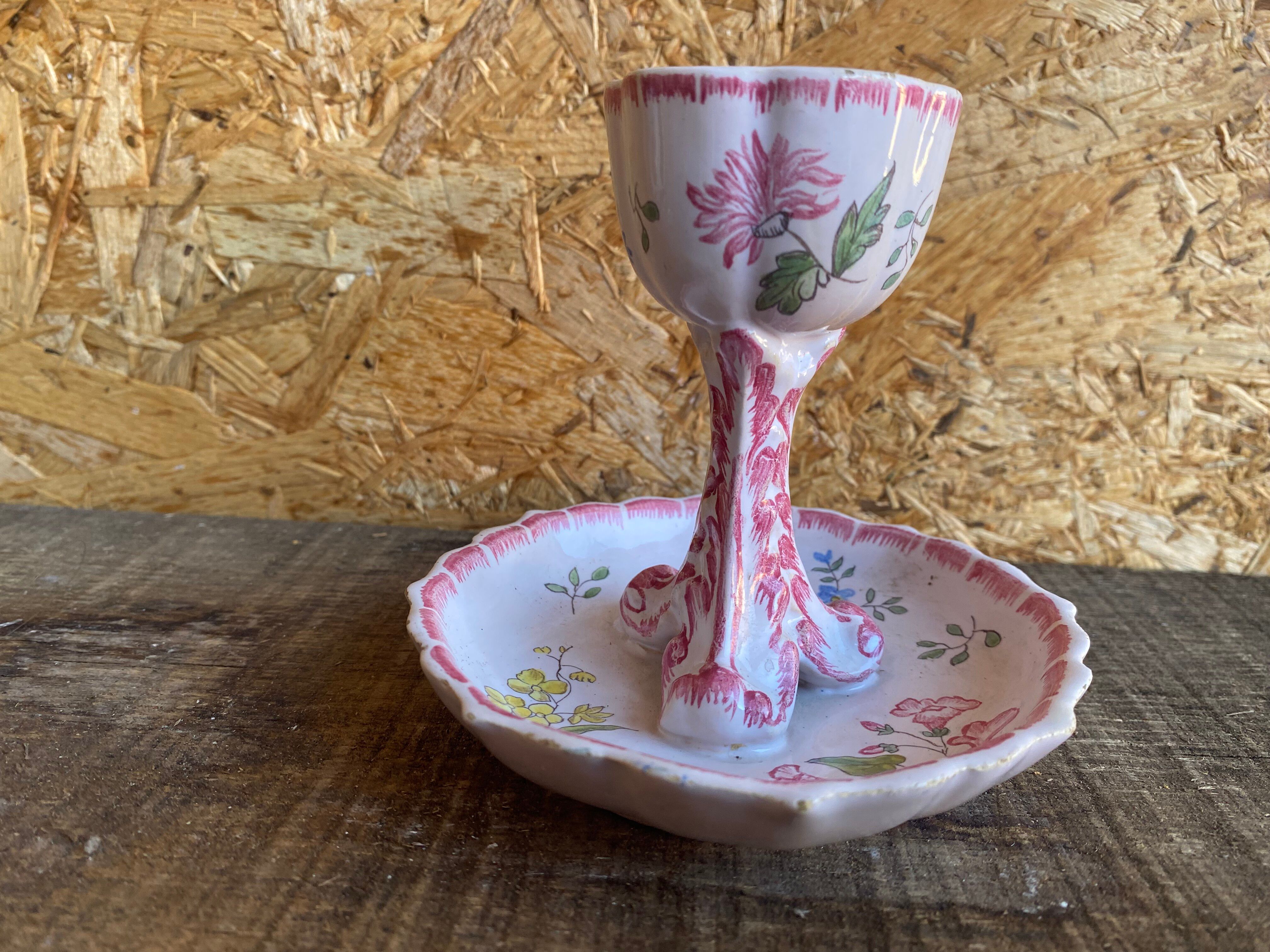 Vintage Ceramic Egg Cup on Stand with Pink Flower Decoration #D984