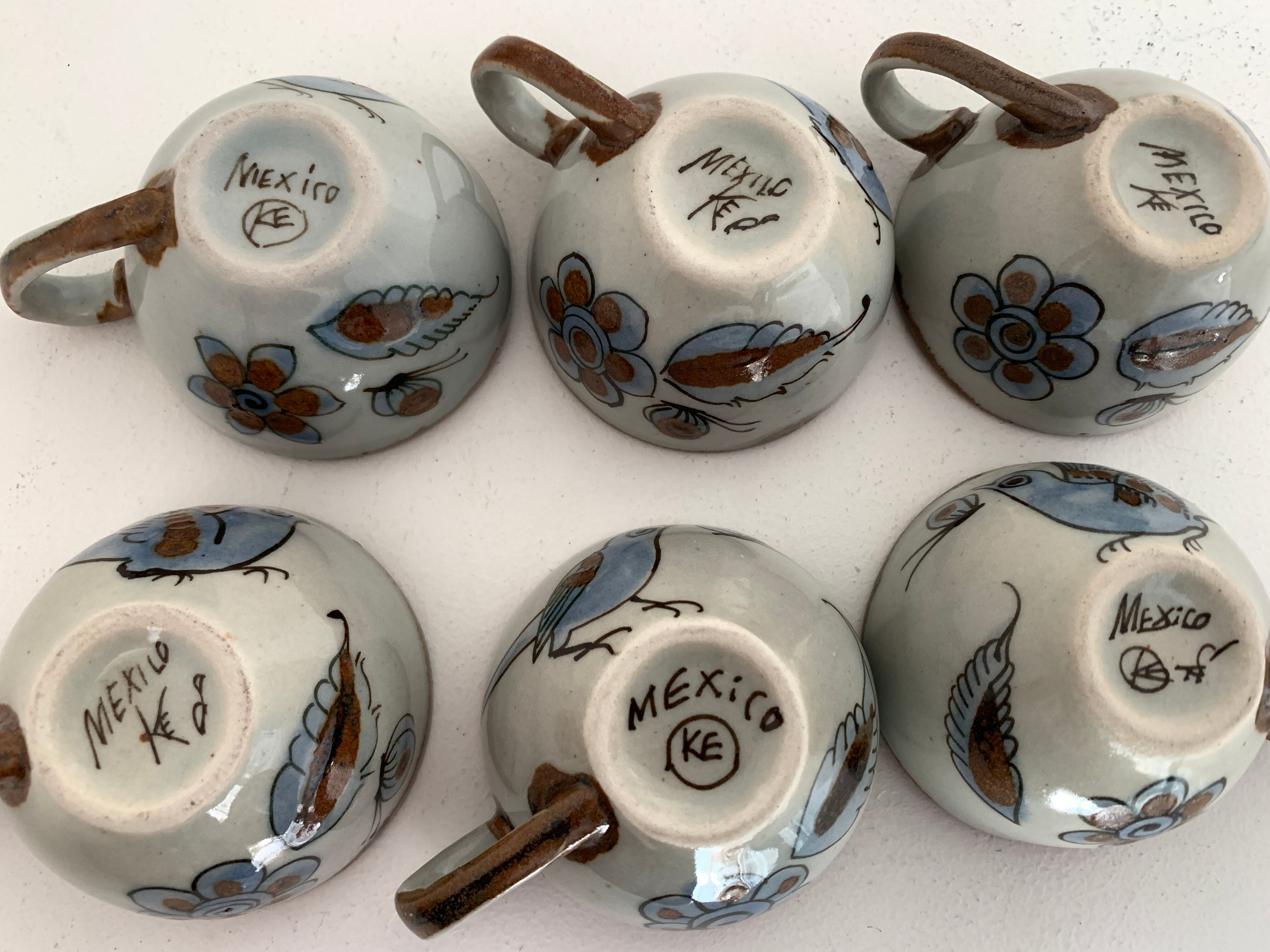 6 ceramic cups Ken Edwards, Tonala, Mexico, with sub cups and sugar