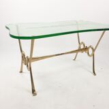 Table basse italienne avec verre gravé et base en laiton, années 1960