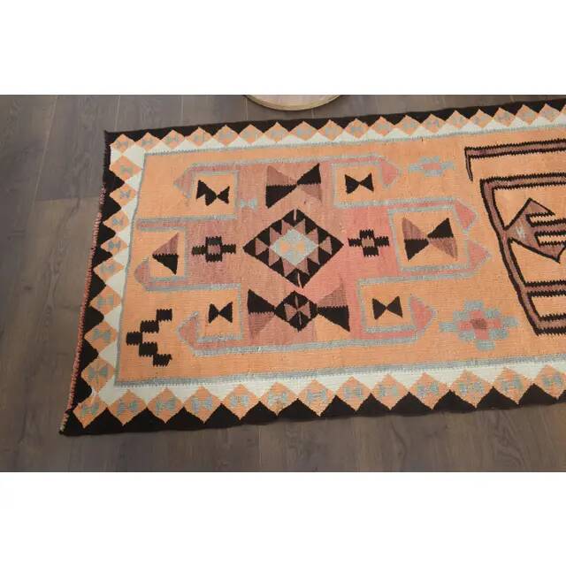 1970s Turkish Oushak Handmade Wool Cotton Orange Runner Rug 90x361