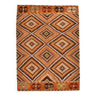 Tapis Kilim en laine fait main tribal noir orange 6x8