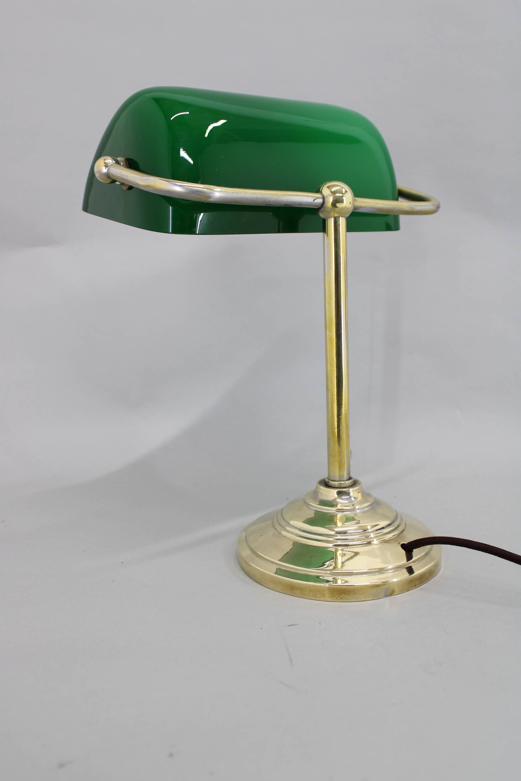 1930s Art Deco Brass  Banker Table Lamp with Glass Shade, Czechoslovakia