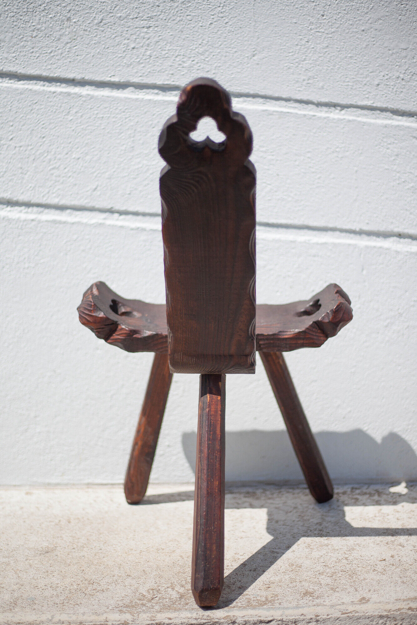 Brutalist wooden chair, tripod chair, Spanish chair