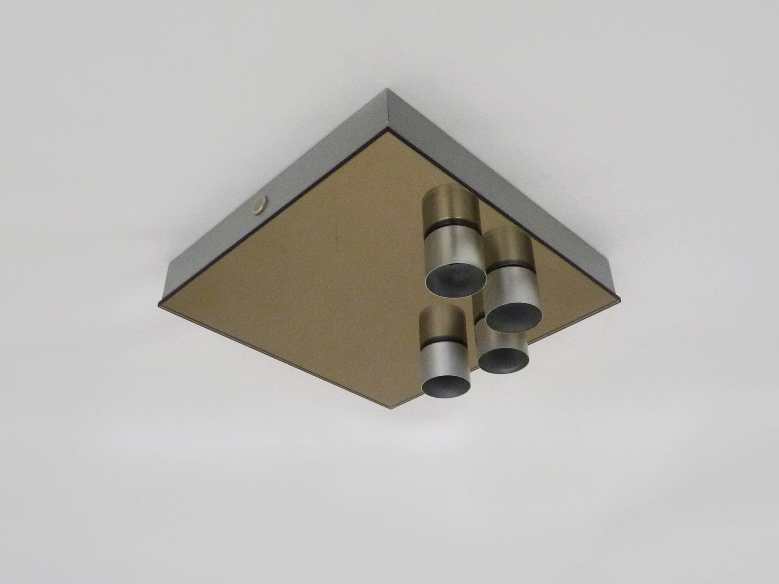 Vintage smoked mirror ceiling light with 4 bulbs, stainless steel structure and mirror.