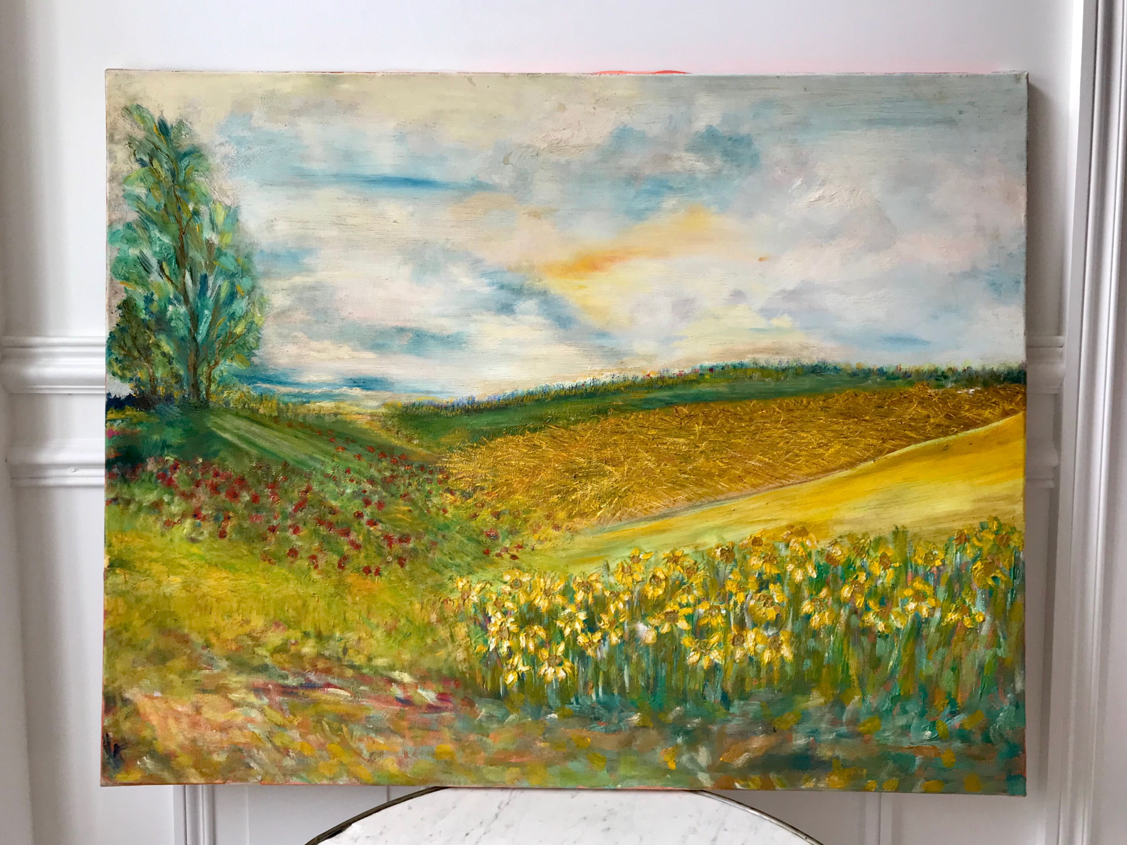 Old oil painting on landscape canvas