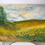 Old oil painting on landscape canvas