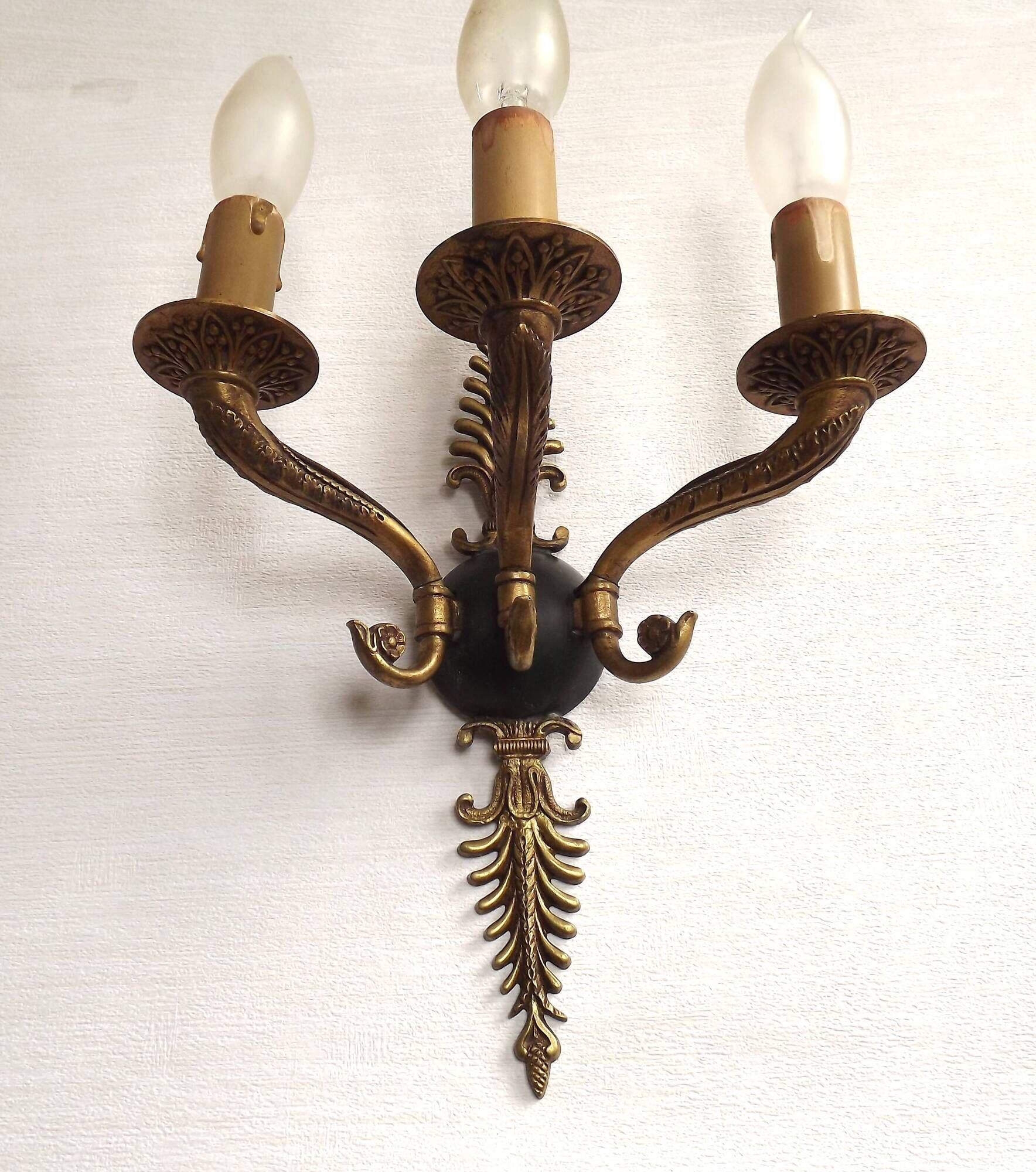 Set of 3 Bronze French Empire Style Triple Light Wall Sconces Neoclassical