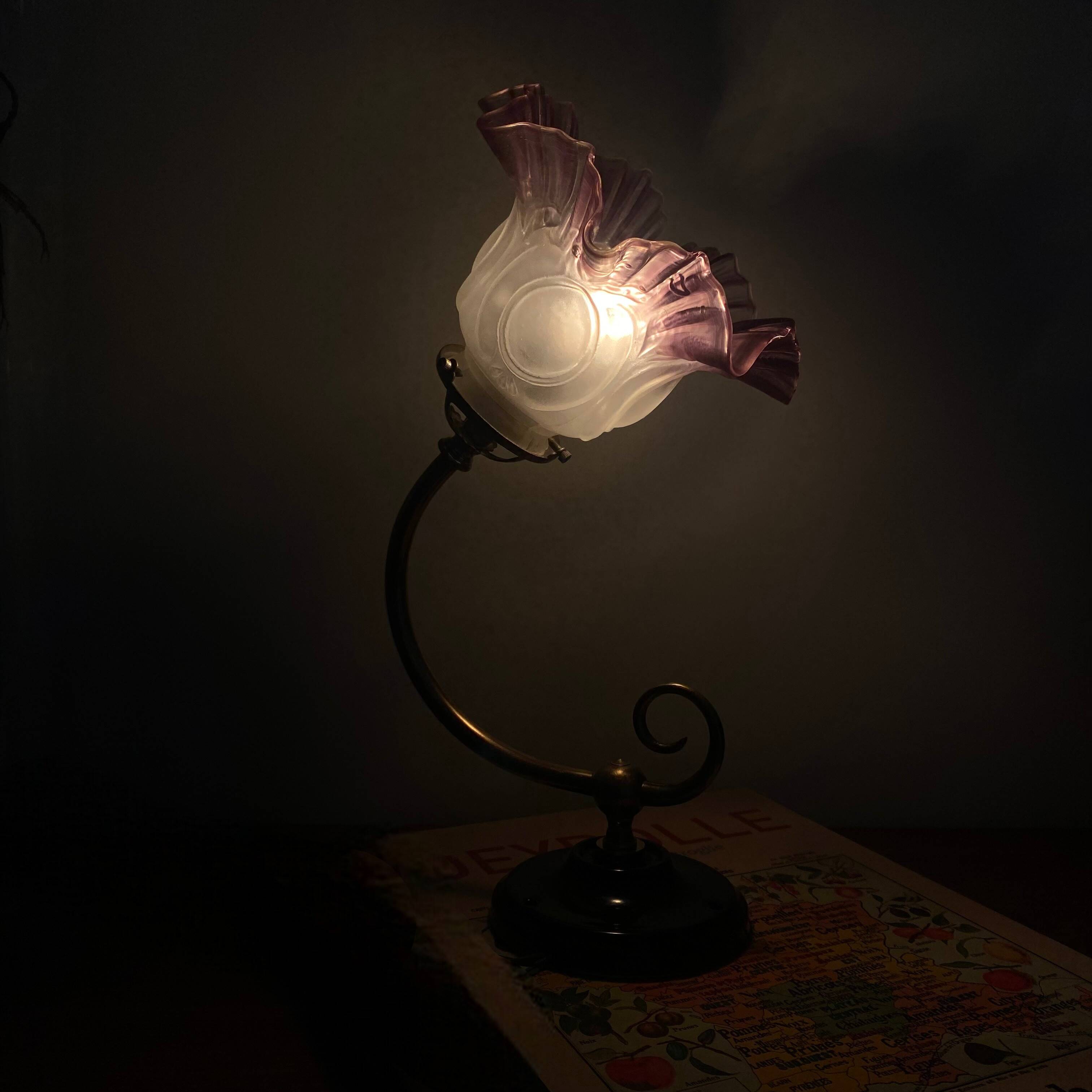 Swan neck wall light in brass with glass tulip.