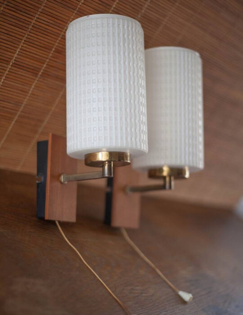 Pair of vintage teak and brass wall lights