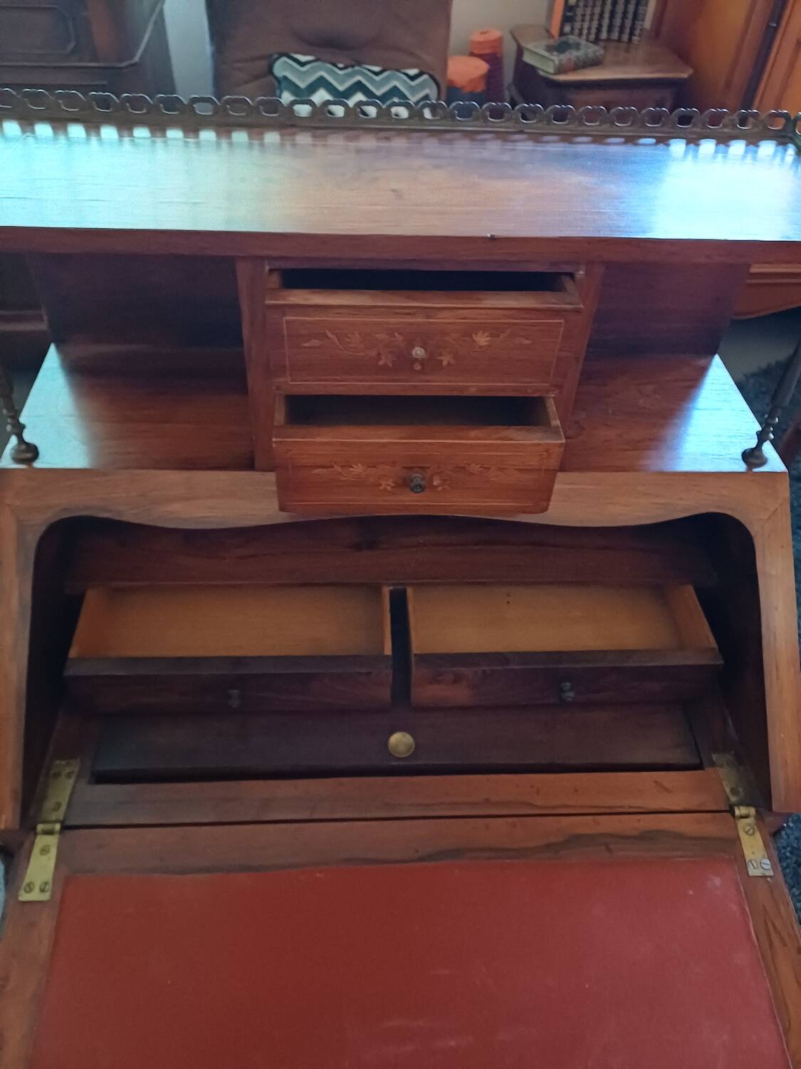 Brown mahogany secretary desk with marquetry