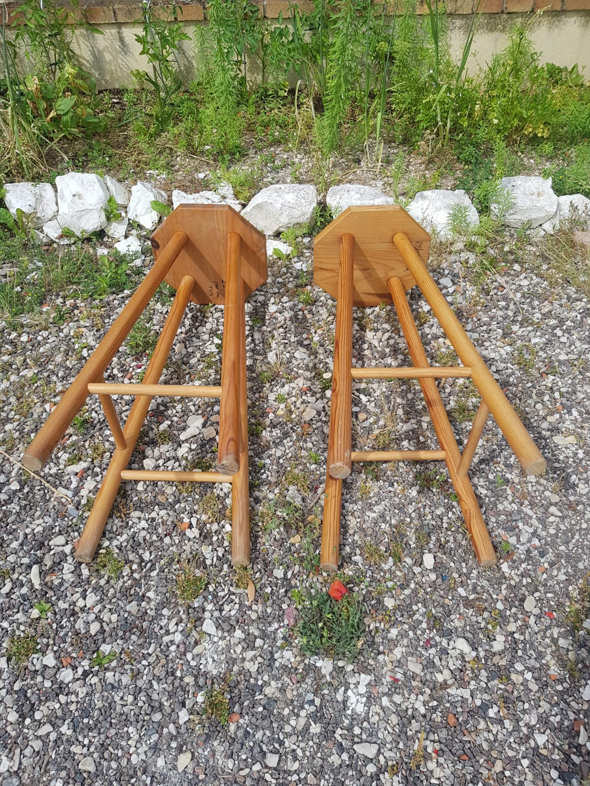 Pair wooden top stool seated bar hexagonal vintage