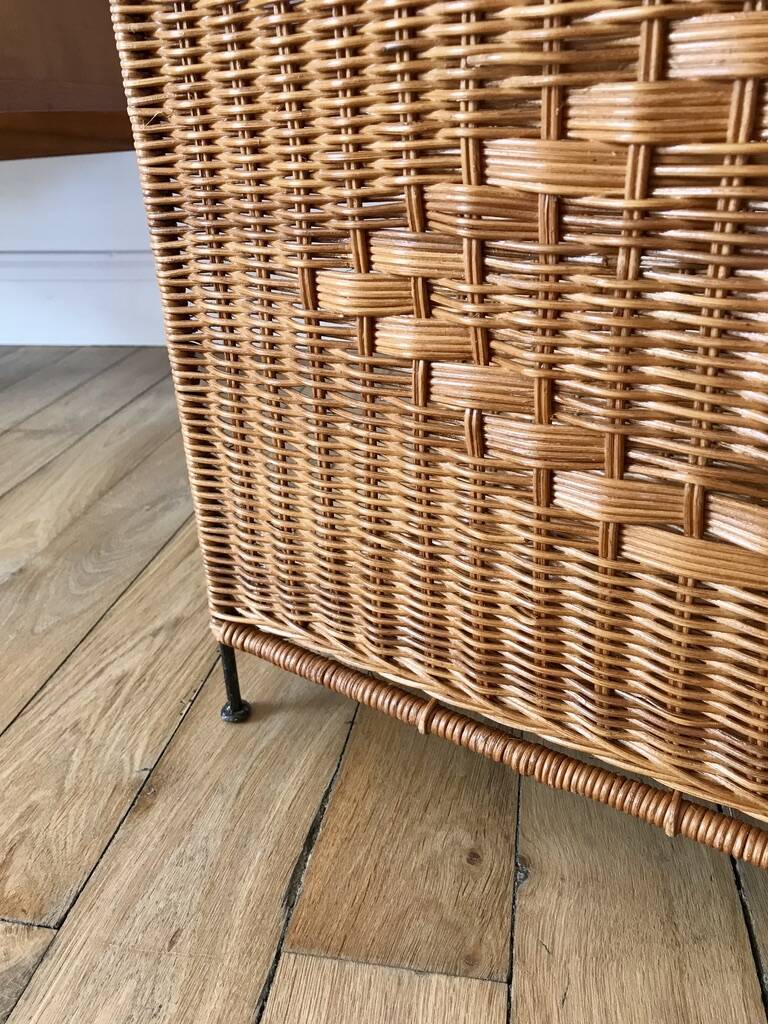 large wicker / rattan and black iron magazine rack from the 70s