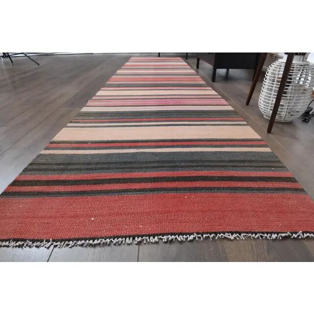Tapis couloir turc Oushak fait main en laine et coton rouge des années 1970, 90x403.