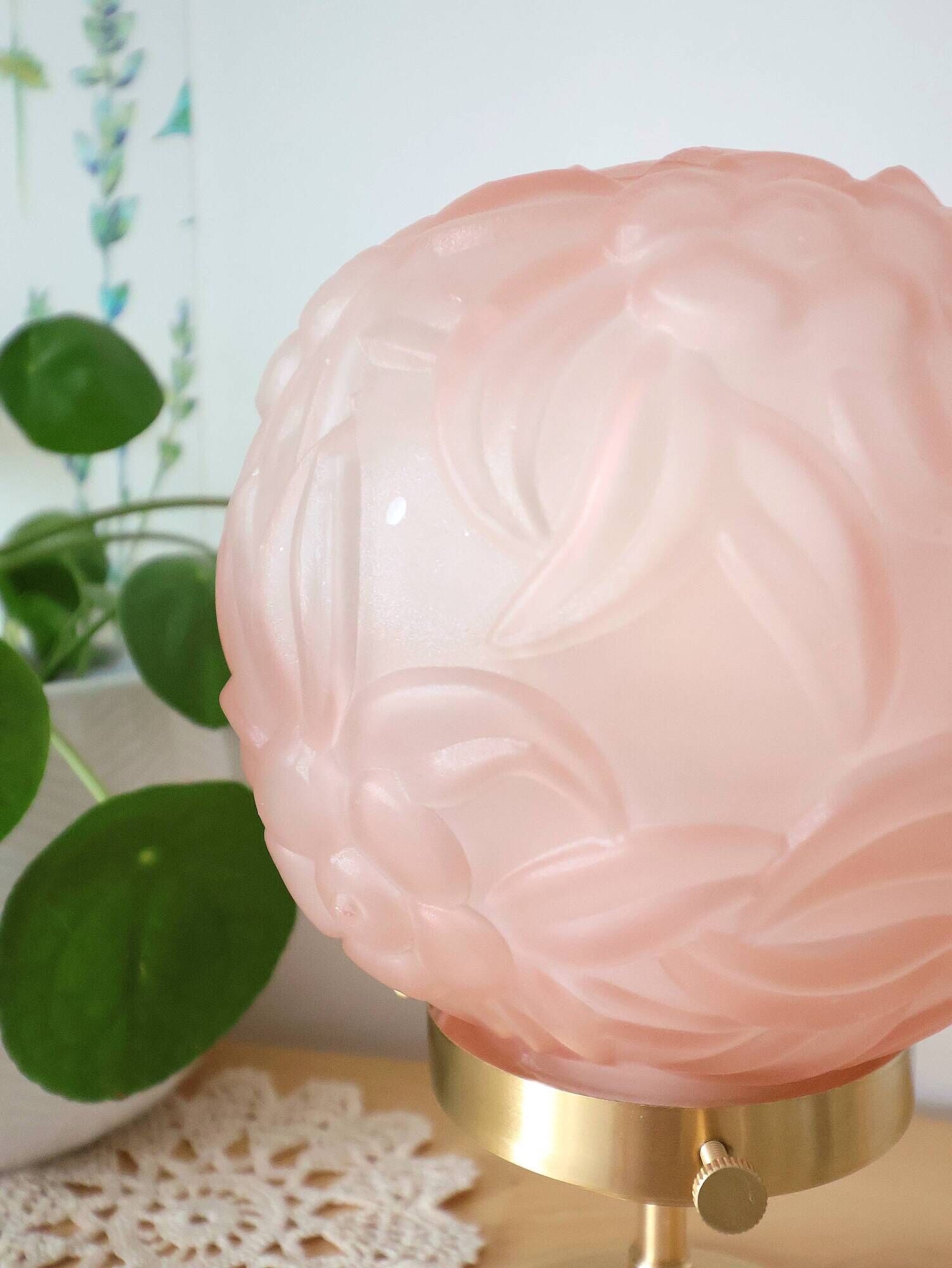 Art Deco floral table lamp, vintage pink opaline glass