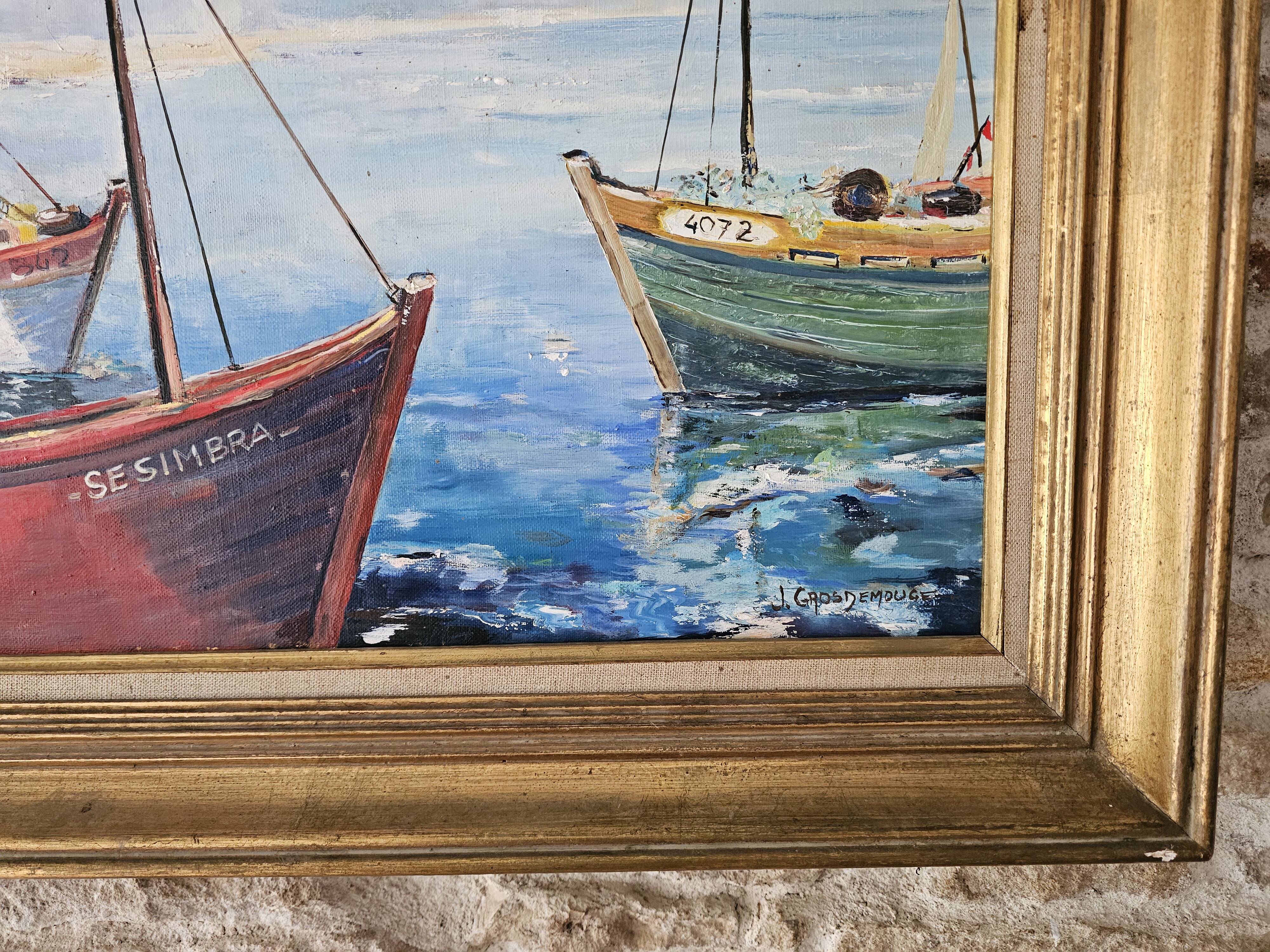 Oil on Canvas Landscape Marine Sailboats The Port Signed J Grosdemouge