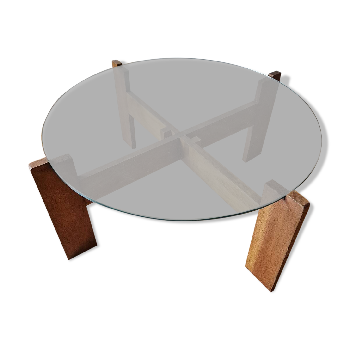 Wooden round table with glass top - Vintage