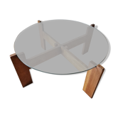 Table ronde en bois avec plateau en verre - Vintage
