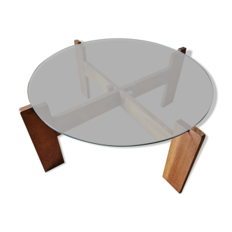 Wooden round table with glass top - Vintage
