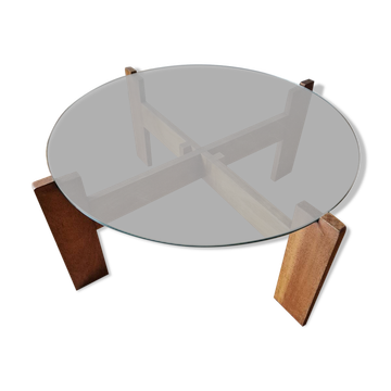Wooden round table with glass top - Vintage