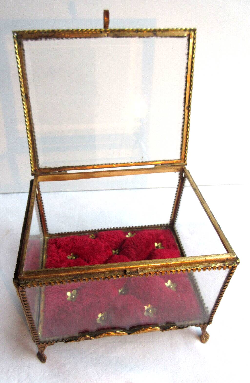 Napoleon III jewelry box, beveled glass and gilded brass, red padded, 4 feet