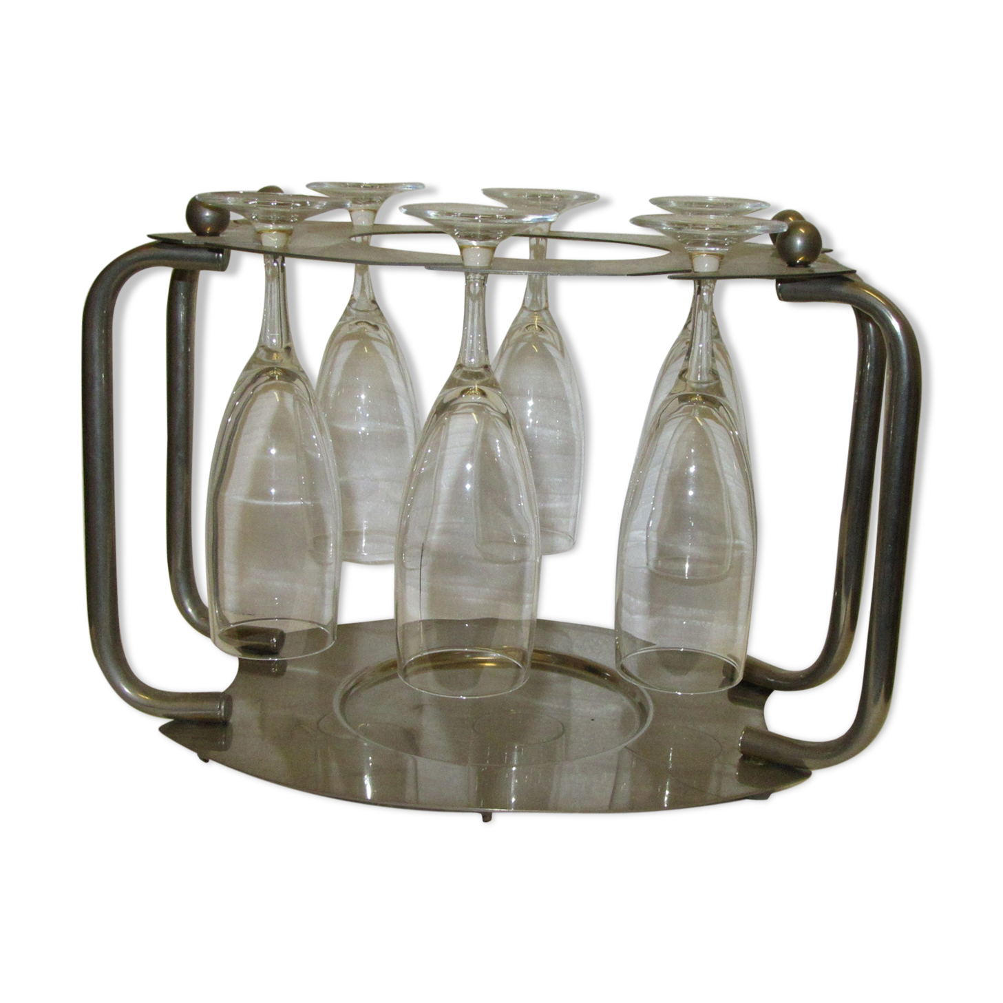 Serviteur à champagne en chrome et ses 6 flutes en verre