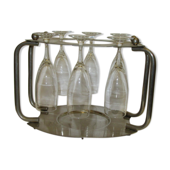 Serviteur à champagne en chrome et ses 6 flutes en verre