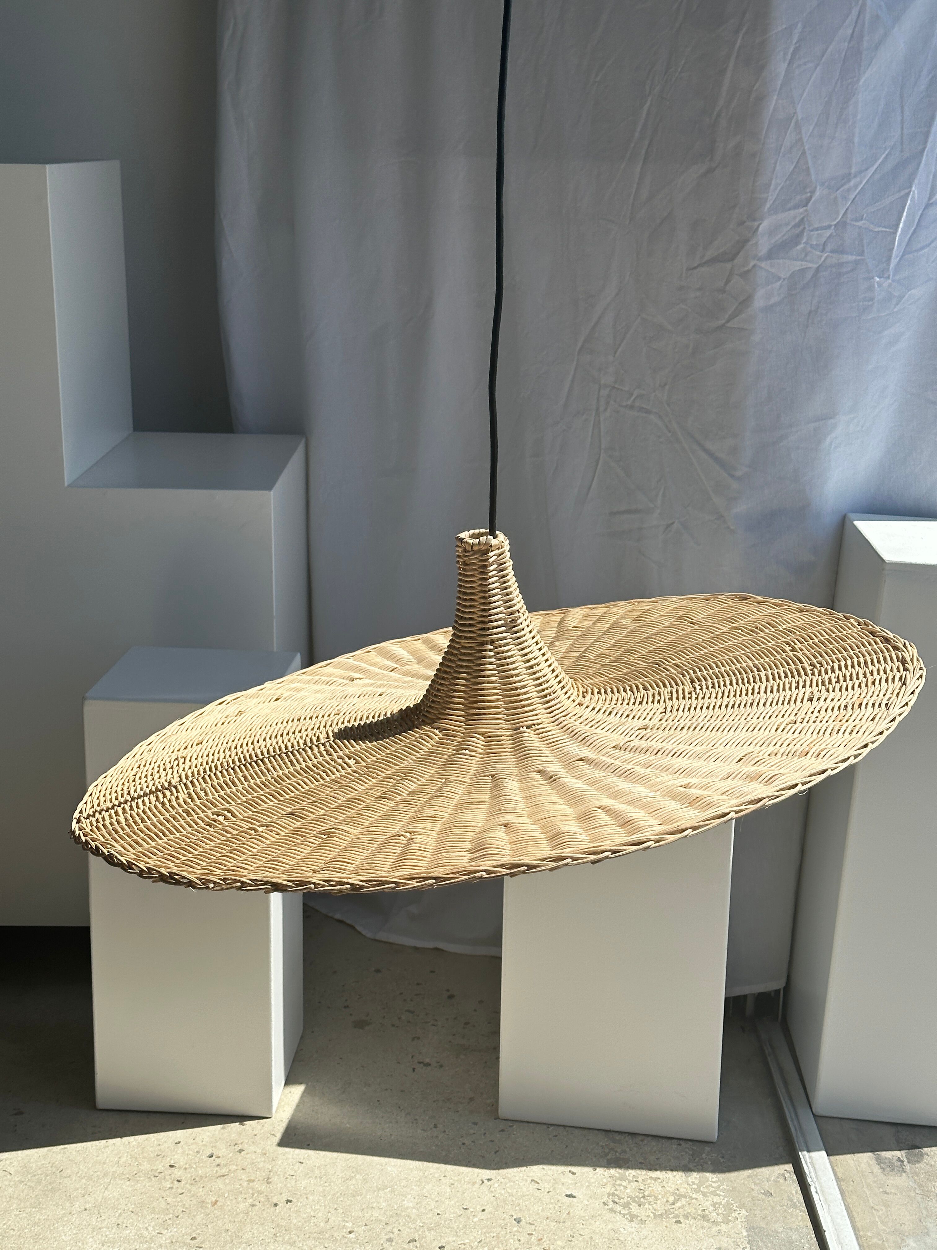 Large suspension, rattan luminaire in hat shape D:80cm