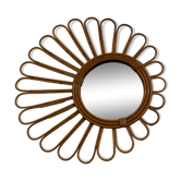 Old vintage asymmetrical round rattan mirror