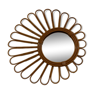 Ancien miroir rotin rond asymetrique vintage
