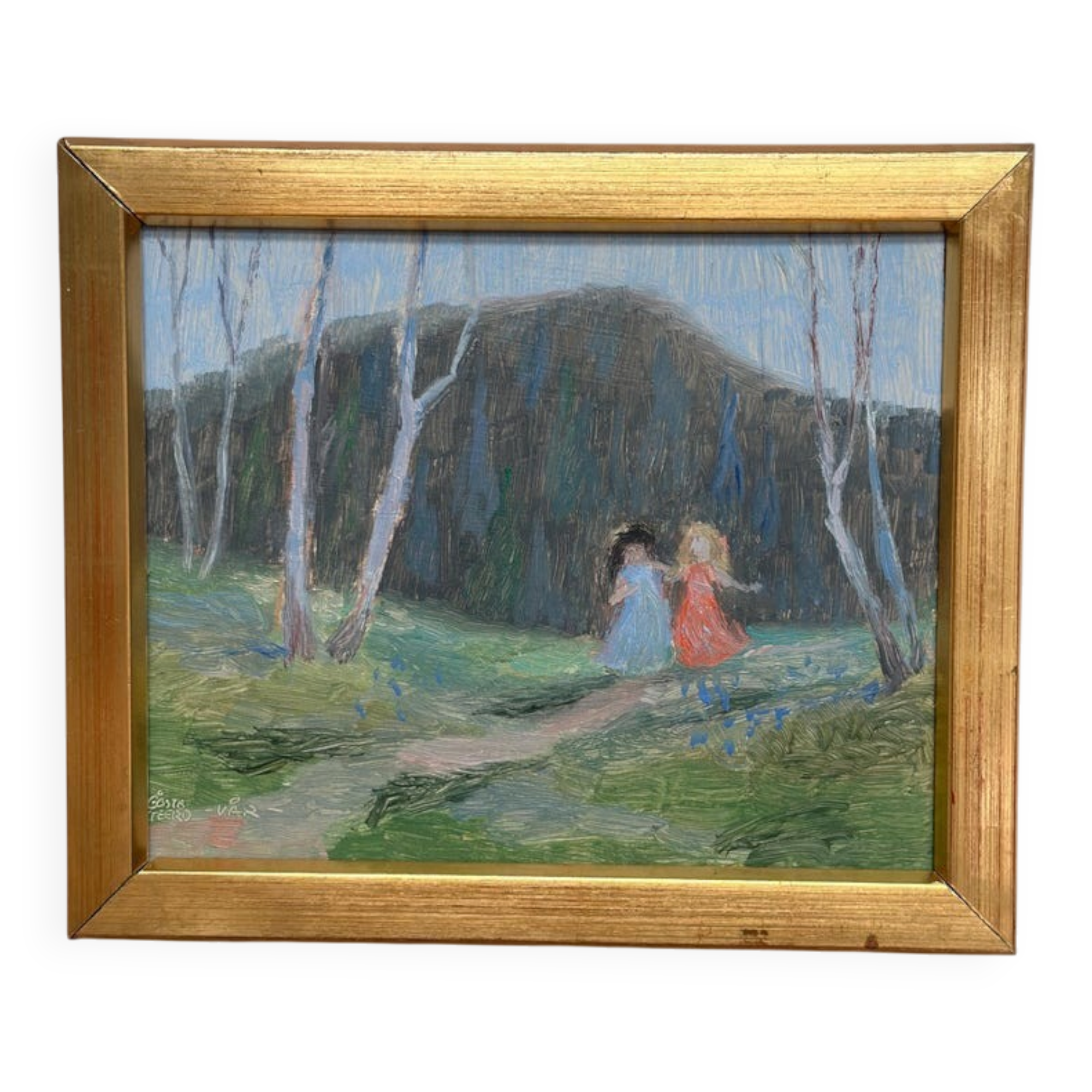 Mid-Century Swedish Oil panel “Sisters” by Gösta Geerd, Vintage & Framed 28×25cm
