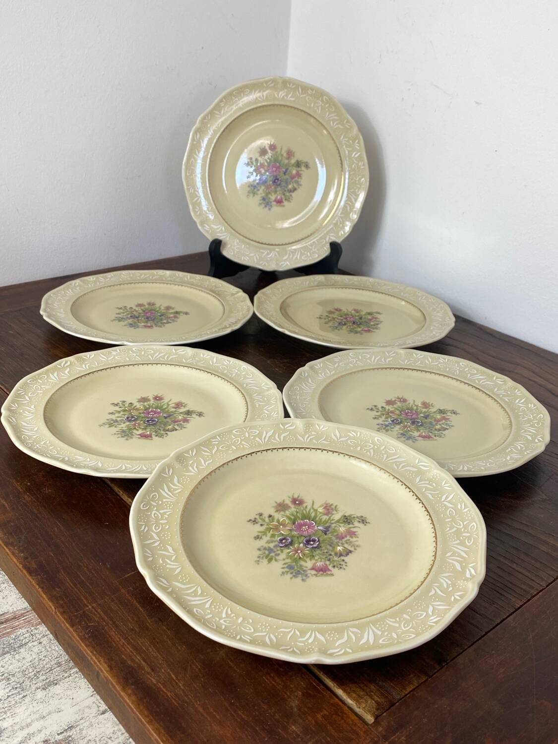 10 assiettes à dessert anciennes en faïence verte Longchamp | Selency