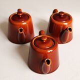 3 brown glazed ceramic teapots