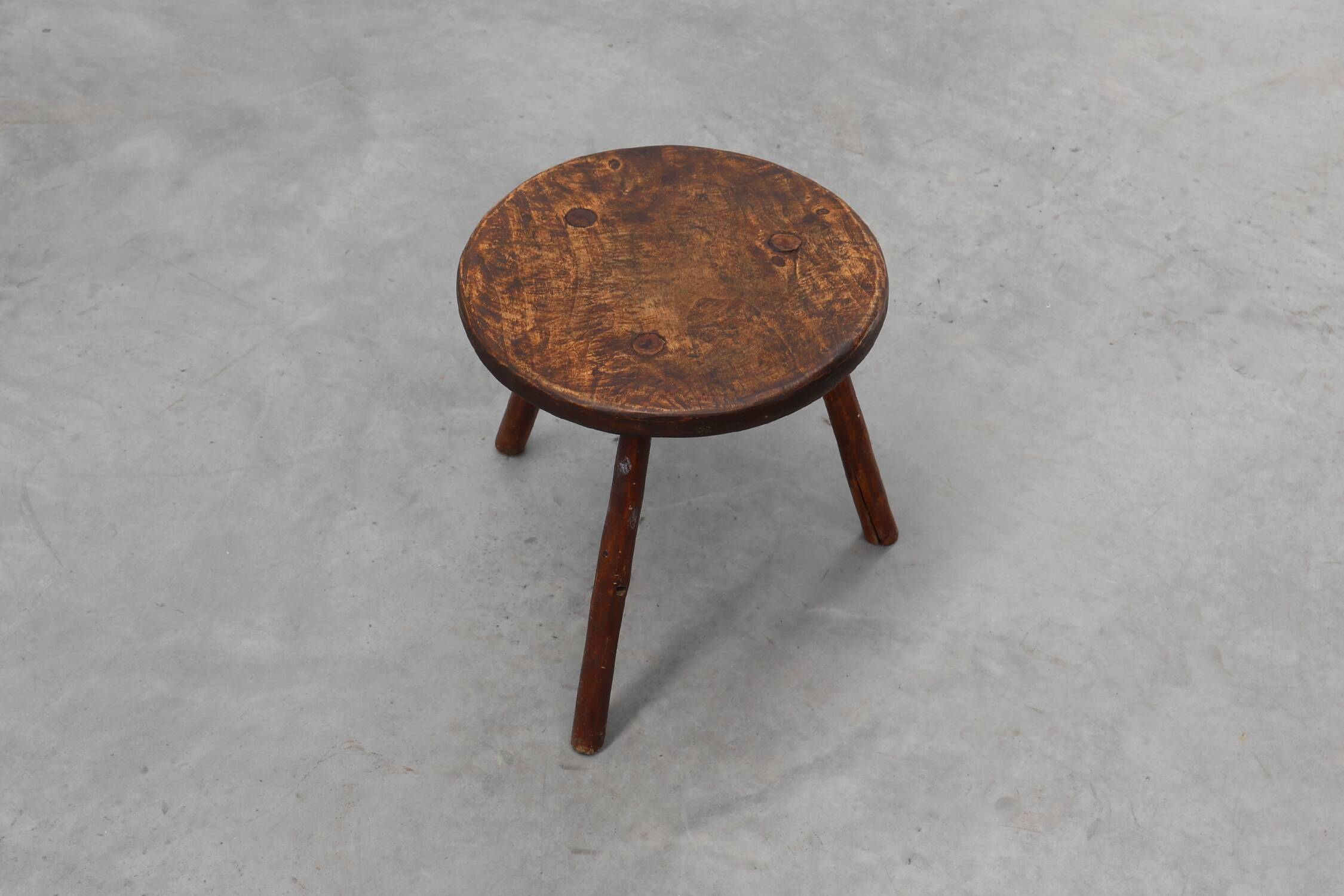 Rustic French wooden stool in wabi sabi style, ca. 1850