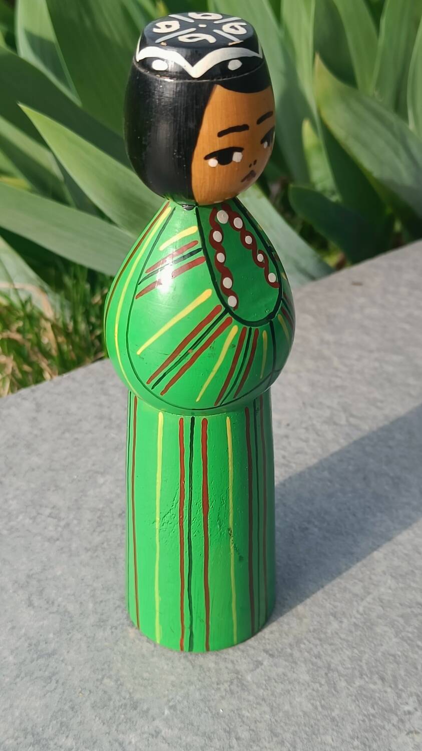 Decorative doll made of turned wood and hand-painted, made in 1987.