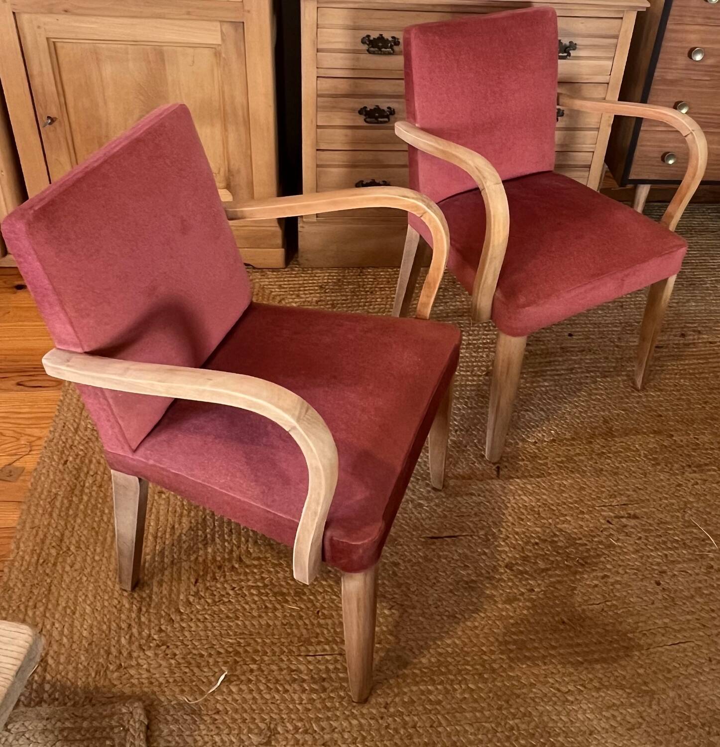 Pair of vintage bridge armchairs in solid raw wood and old pink