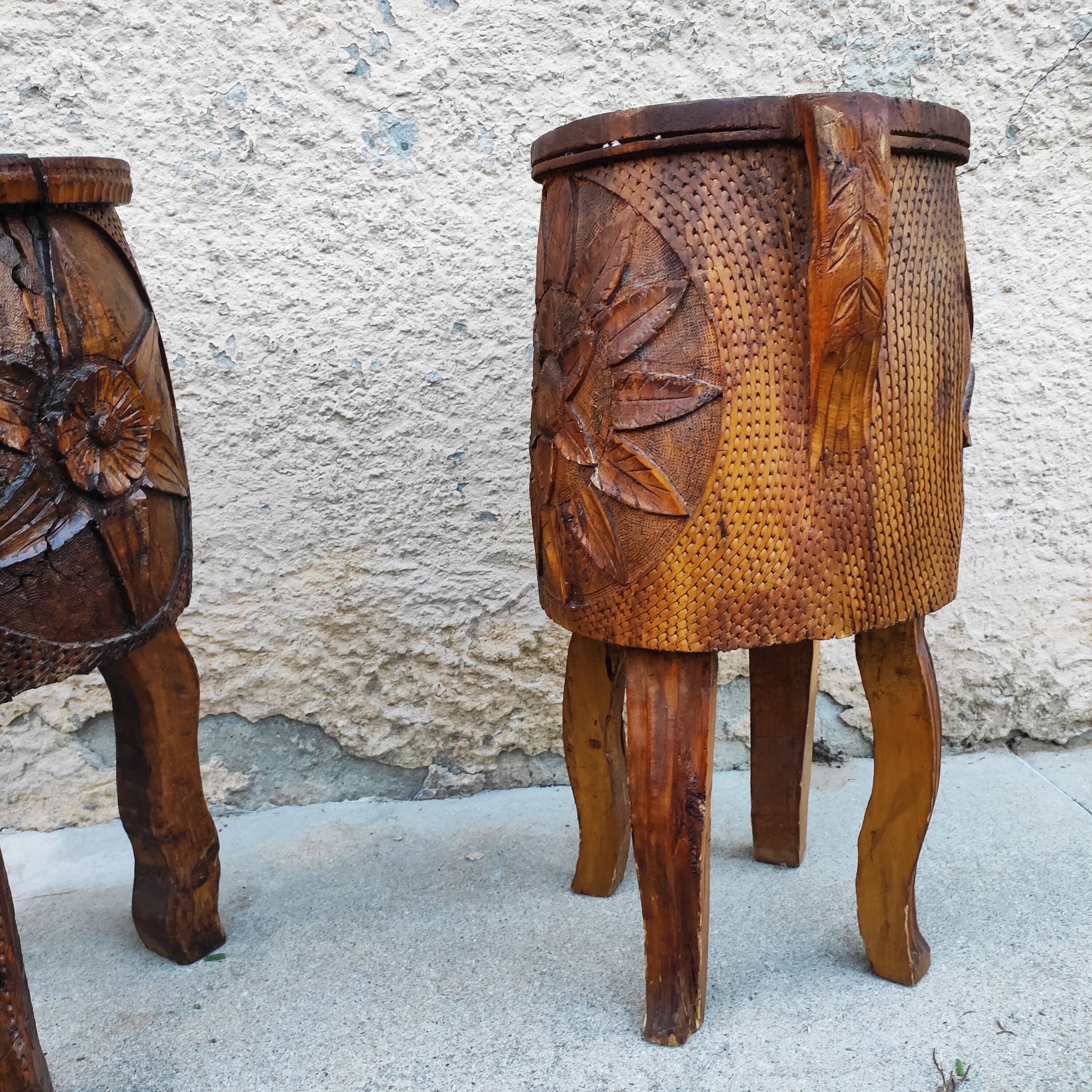 Pair of antique brutalist planters, Savoyard folk art