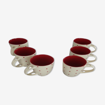 6 vintage mugs in beige ceramic with red polka dots