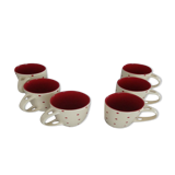 6 vintage mugs in beige ceramic with red polka dots