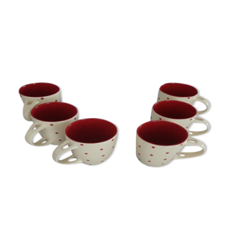 6 mugs vintage en céramique beige à pois rouges