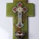 Vintage wall-mounted holy water font in onyx and cloisonné enamel, Italy, 1960s-1970s.