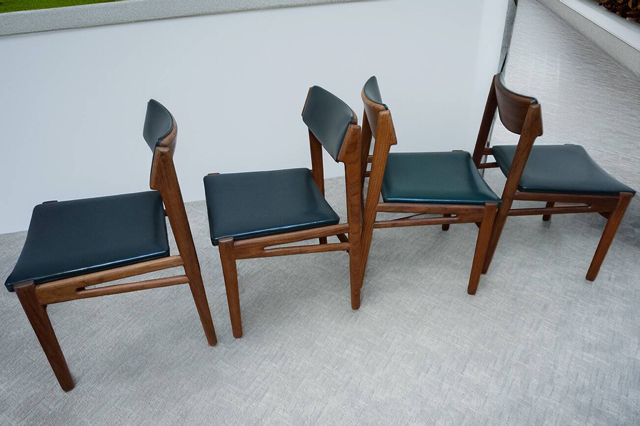 Set of 4 Scandinavian Teak and Green Leatherette Dining Chairs