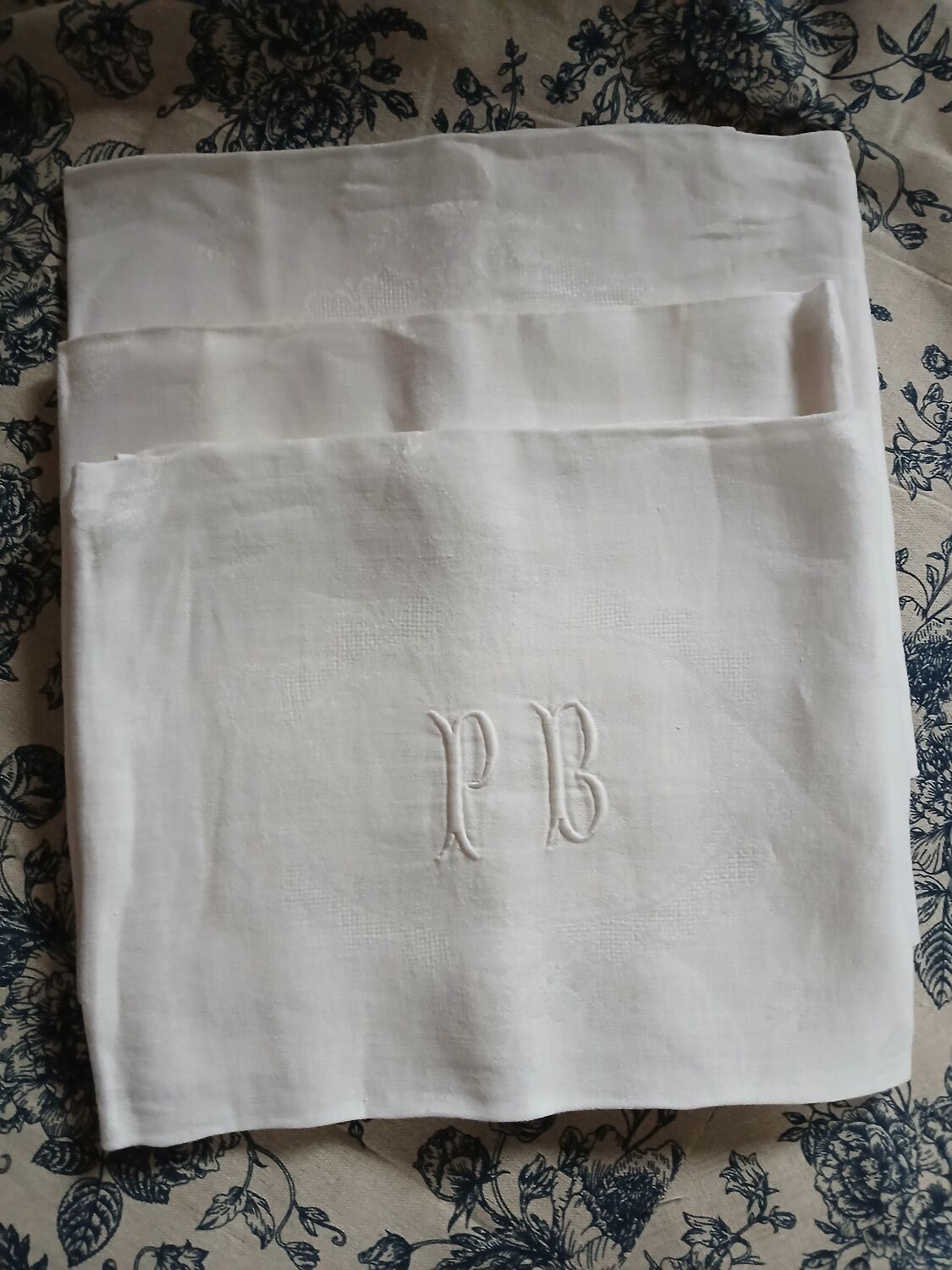 3 small antique tablecloths with embroidered initials PB