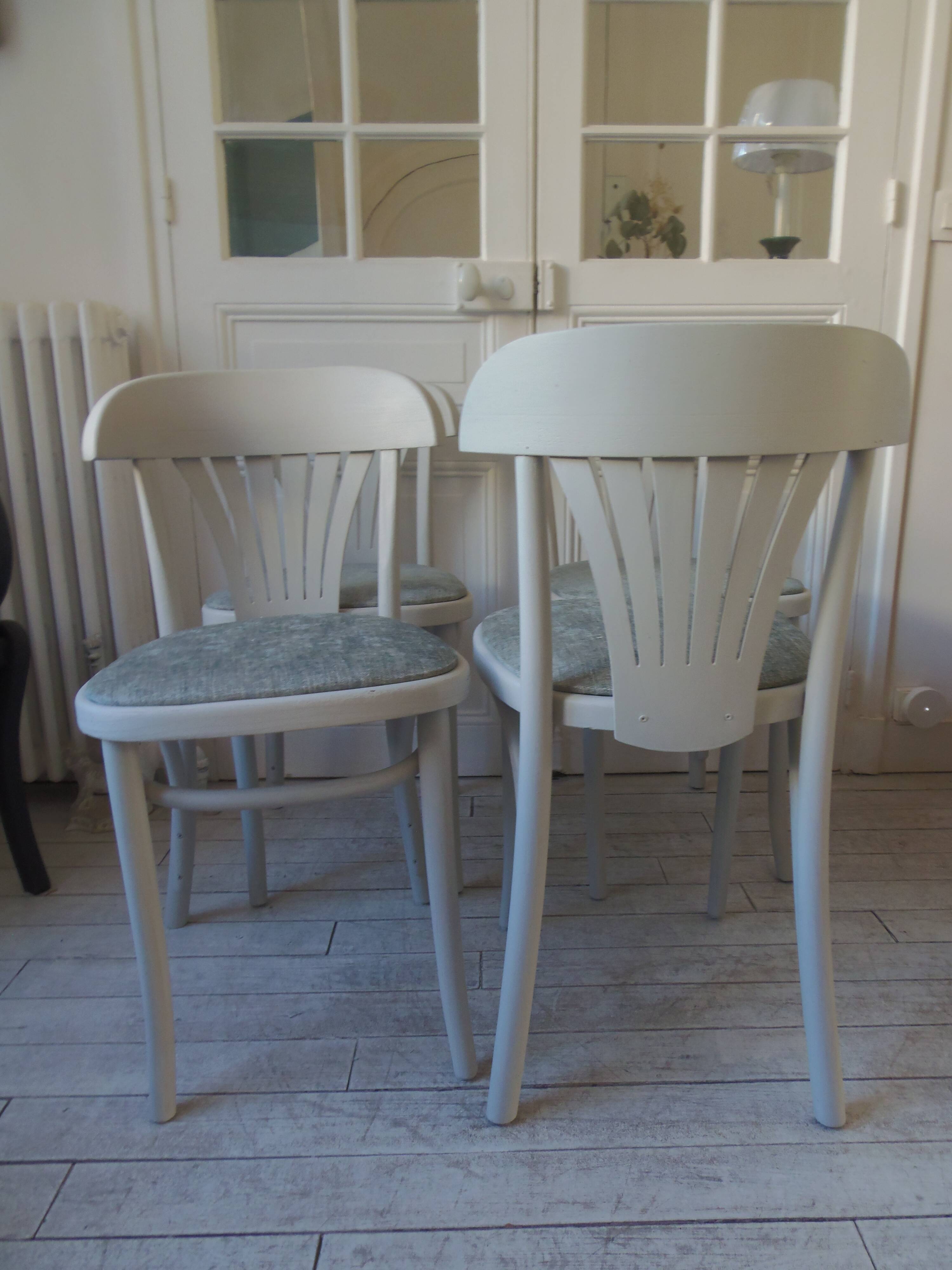 Set of 4 vintage bistro chairs enhanced in pearl grey.