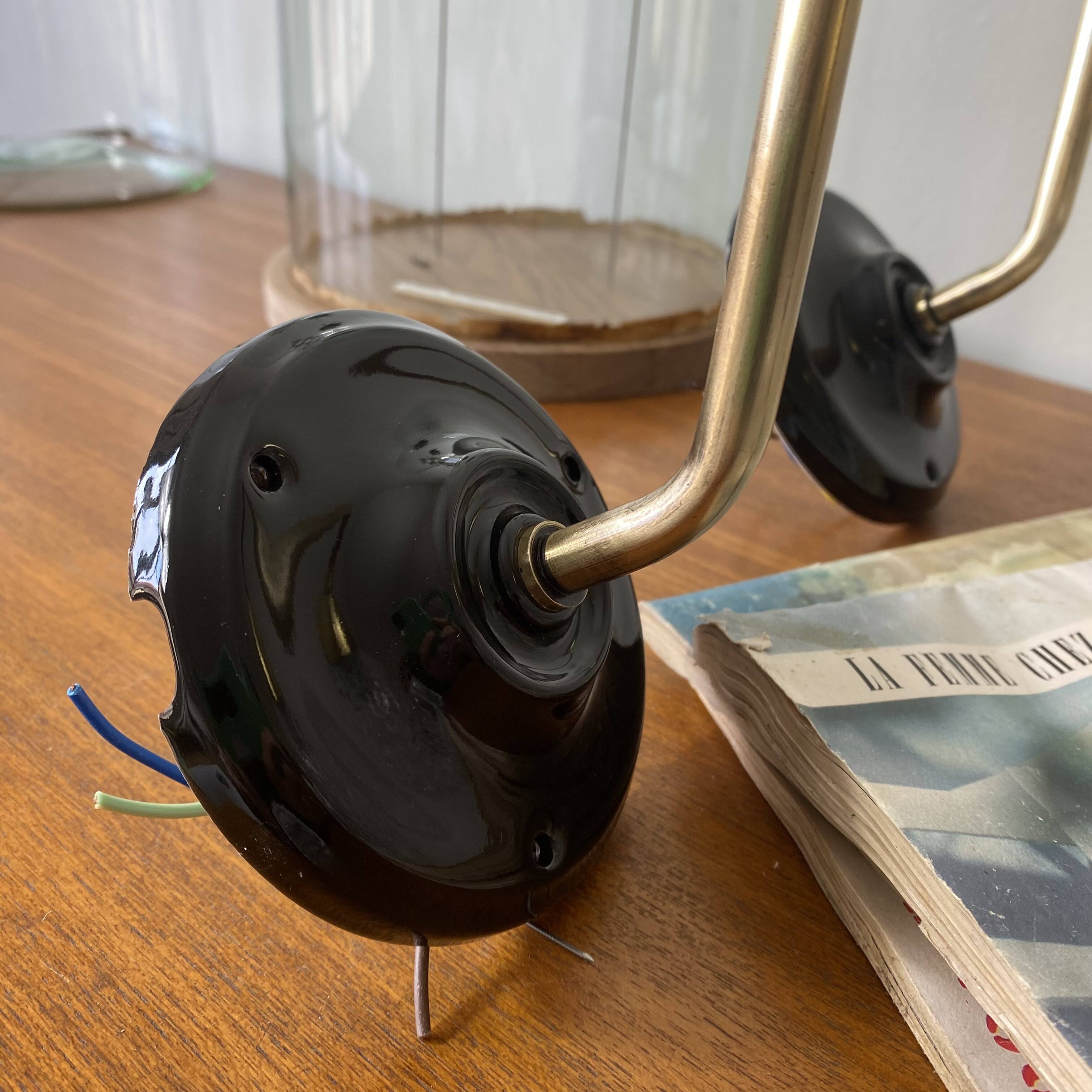 Vintage swan neck wall lights brass bubble glass porcelain