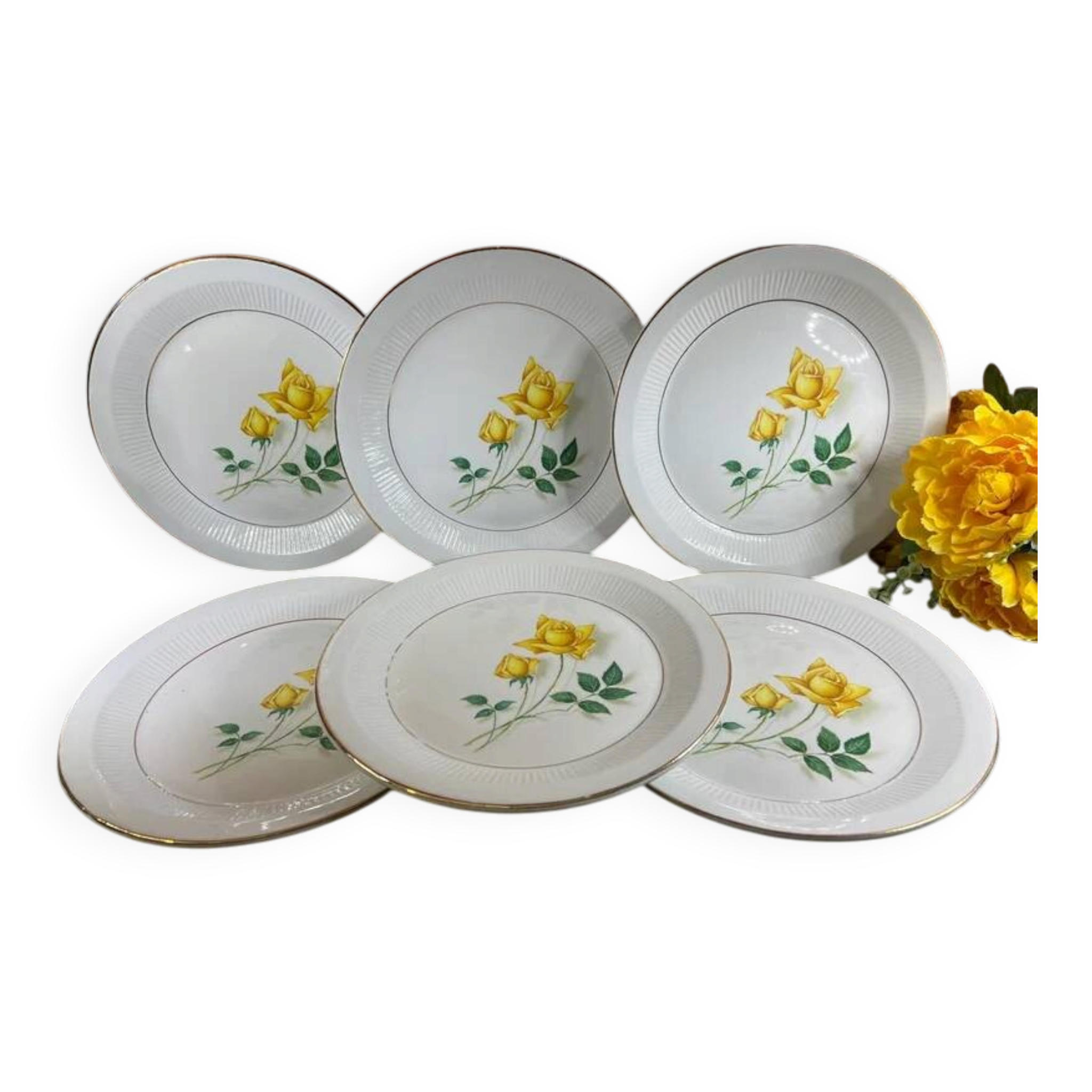 6 white flat plates pink yellow Moulin des Loups Orchies