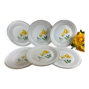 6 white flat plates pink yellow Moulin des Loups Orchies