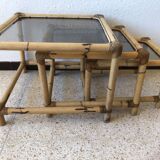 Series of 3 tables gigognes seventies in rattan and smoked glass